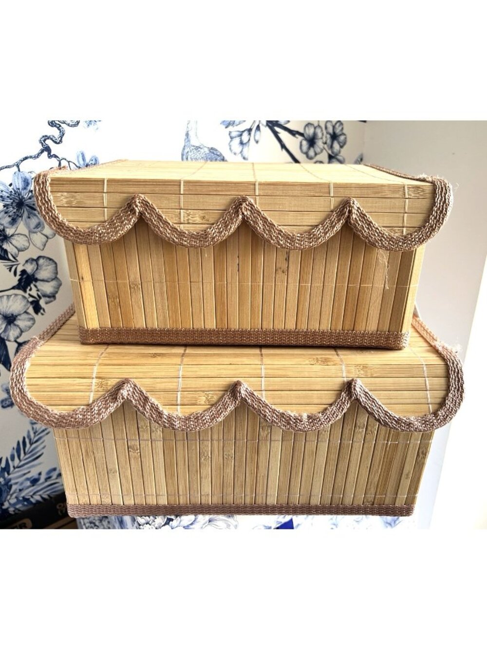 Set 2 Bamboo Storage Boxes Scalloped Edge Organizing Lined Lg 12x10x6 Sm 11x8x5